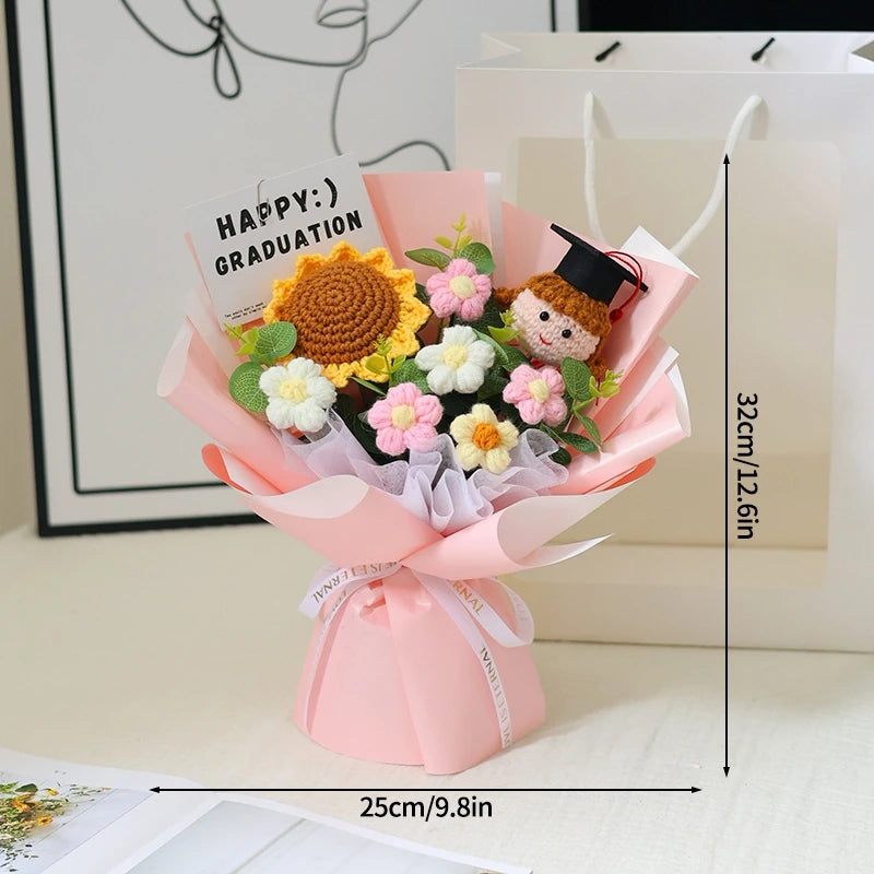 Finished Crochet Flowers Bouquet Handmade Sunflower Bouquet Teachers' Day Graduation Gift Wedding Decor Knitted Flower Bouquet