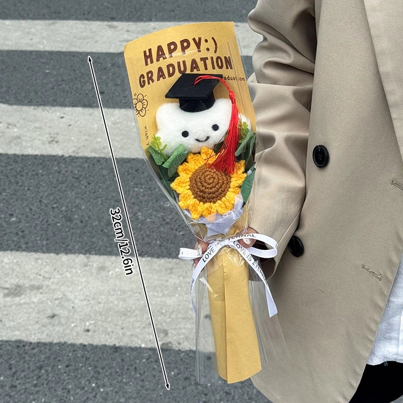 Finished Crochet Flowers Bouquet Handmade Sunflower Bouquet Teachers' Day Graduation Gift Wedding Decor Knitted Flower Bouquet