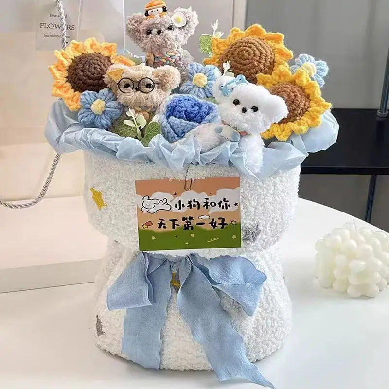 Finished Crochet Flowers Bouquet Handmade Sunflower Bouquet Teachers' Day Graduation Gift Wedding Decor Knitted Flower Bouquet