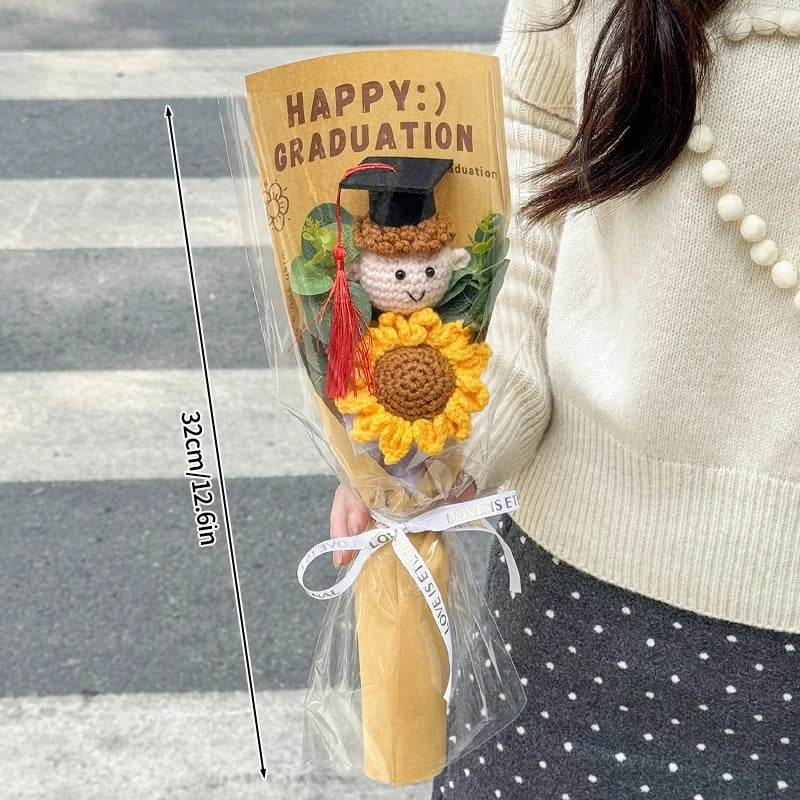 Finished Crochet Flowers Bouquet Handmade Sunflower Bouquet Teachers' Day Graduation Gift Wedding Decor Knitted Flower Bouquet