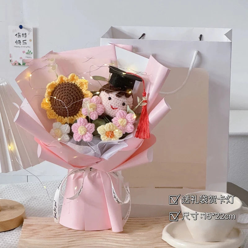 Finished Crochet Flowers Bouquet Handmade Sunflower Bouquet Teachers' Day Graduation Gift Wedding Decor Knitted Flower Bouquet