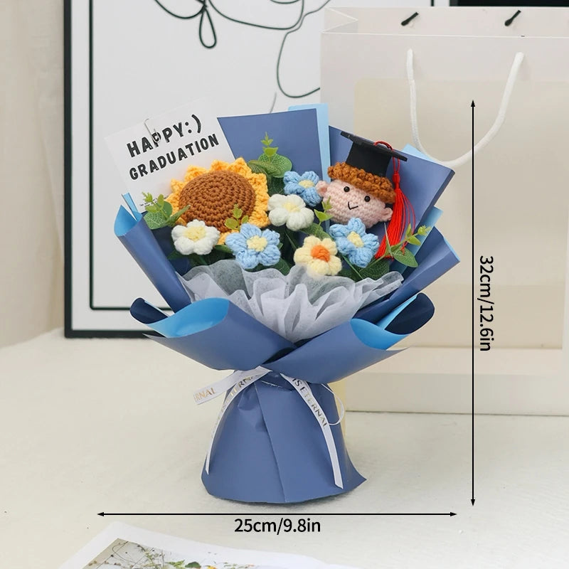 Finished Crochet Flowers Bouquet Handmade Sunflower Bouquet Teachers' Day Graduation Gift Wedding Decor Knitted Flower Bouquet