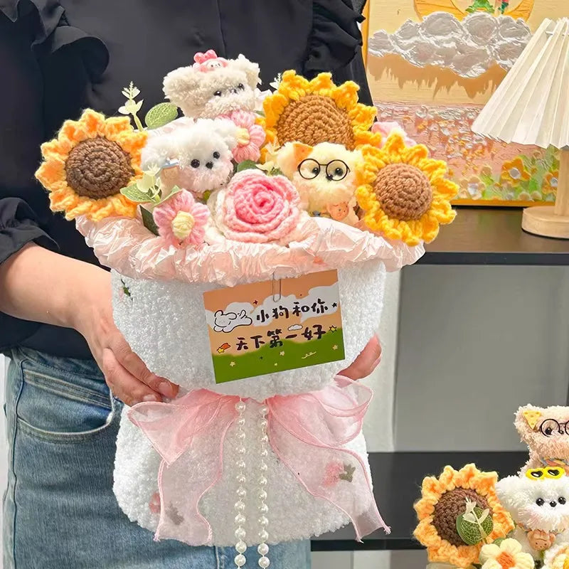 Finished Crochet Flowers Bouquet Handmade Sunflower Bouquet Teachers' Day Graduation Gift Wedding Decor Knitted Flower Bouquet