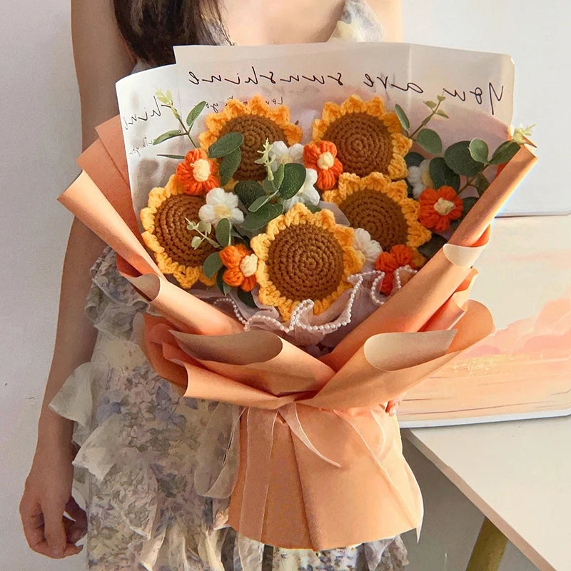 Finished Crochet Flowers Bouquet Handmade Sunflower Bouquet Teachers' Day Graduation Gift Wedding Decor Knitted Flower Bouquet