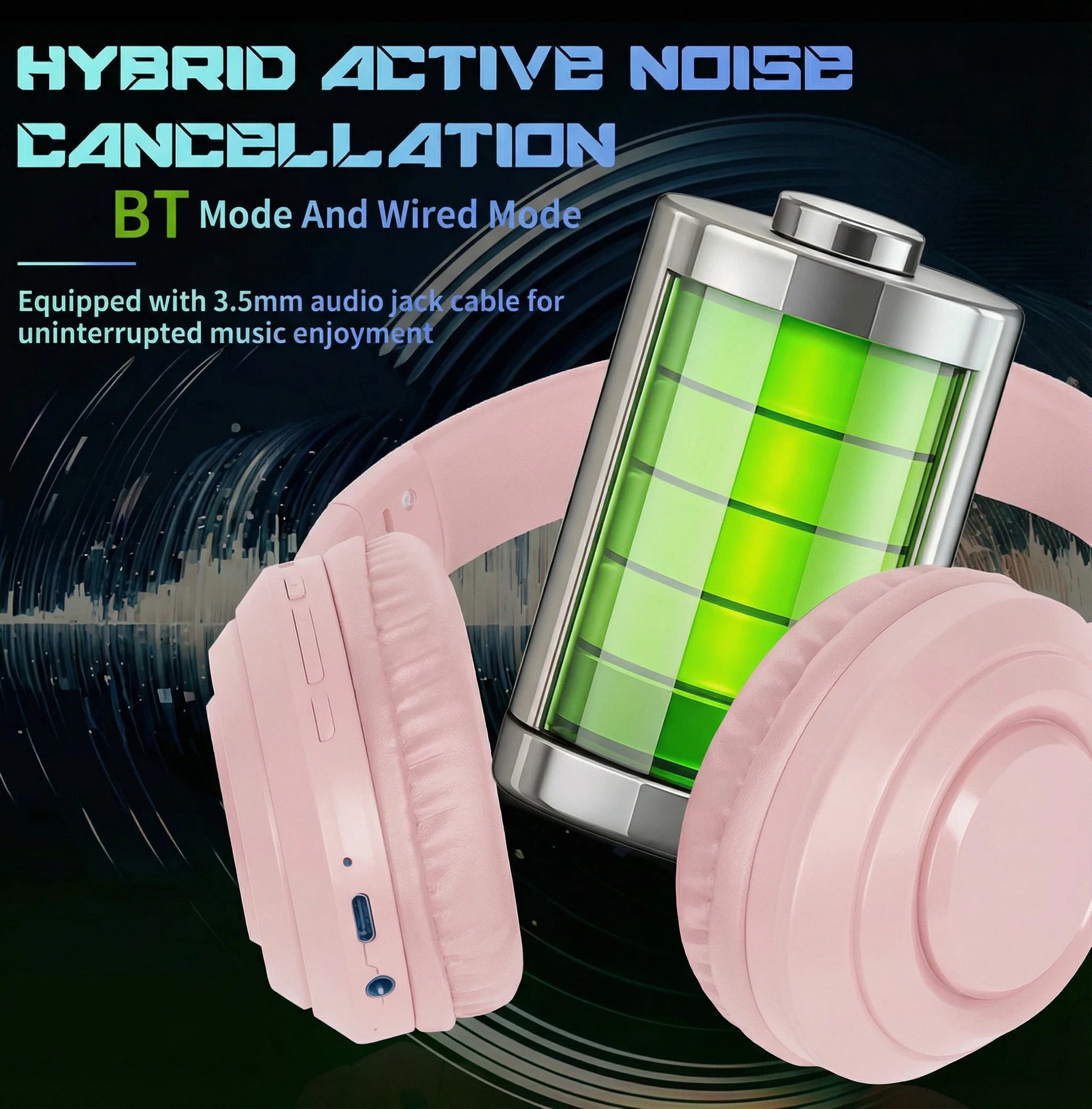 Noise Cancelling Headphones, Wireless Bluetooth Headphones, over Ear Headphones with Microphone, Pink