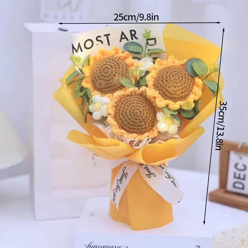 Finished Crochet Flowers Bouquet Handmade Sunflower Bouquet Teachers' Day Graduation Gift Wedding Decor Knitted Flower Bouquet