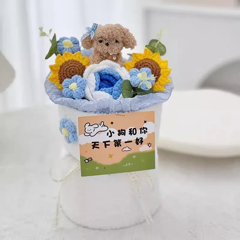 Finished Crochet Flowers Bouquet Handmade Sunflower Bouquet Teachers' Day Graduation Gift Wedding Decor Knitted Flower Bouquet
