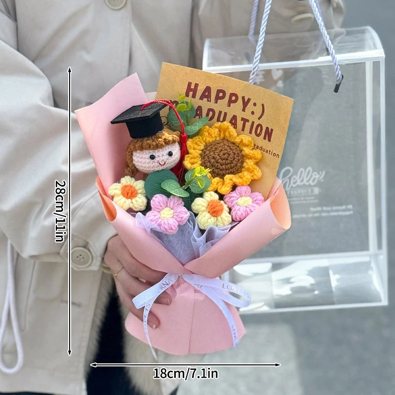 Finished Crochet Flowers Bouquet Handmade Sunflower Bouquet Teachers' Day Graduation Gift Wedding Decor Knitted Flower Bouquet