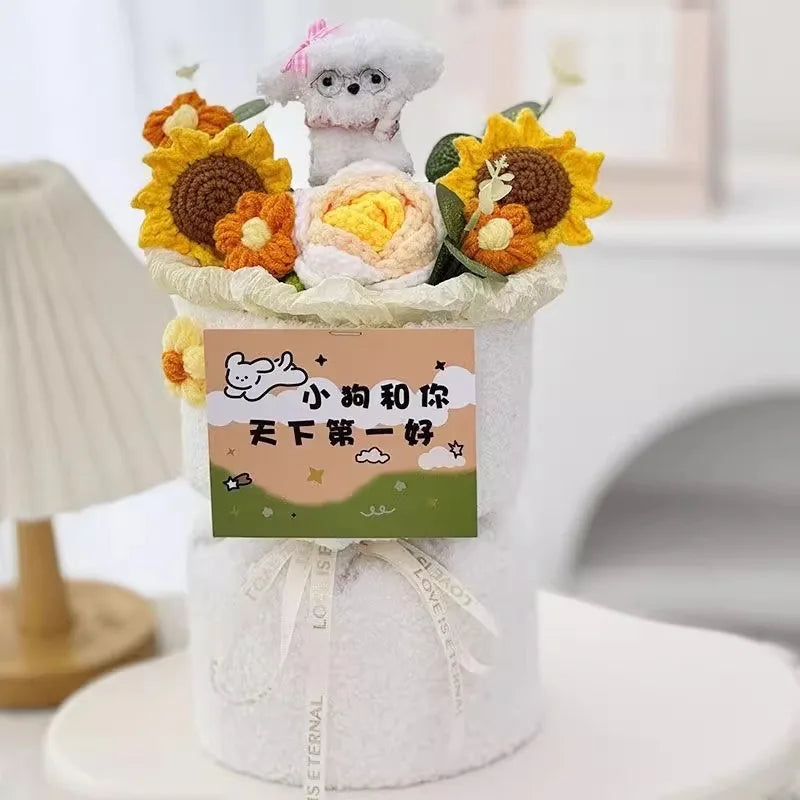 Finished Crochet Flowers Bouquet Handmade Sunflower Bouquet Teachers' Day Graduation Gift Wedding Decor Knitted Flower Bouquet