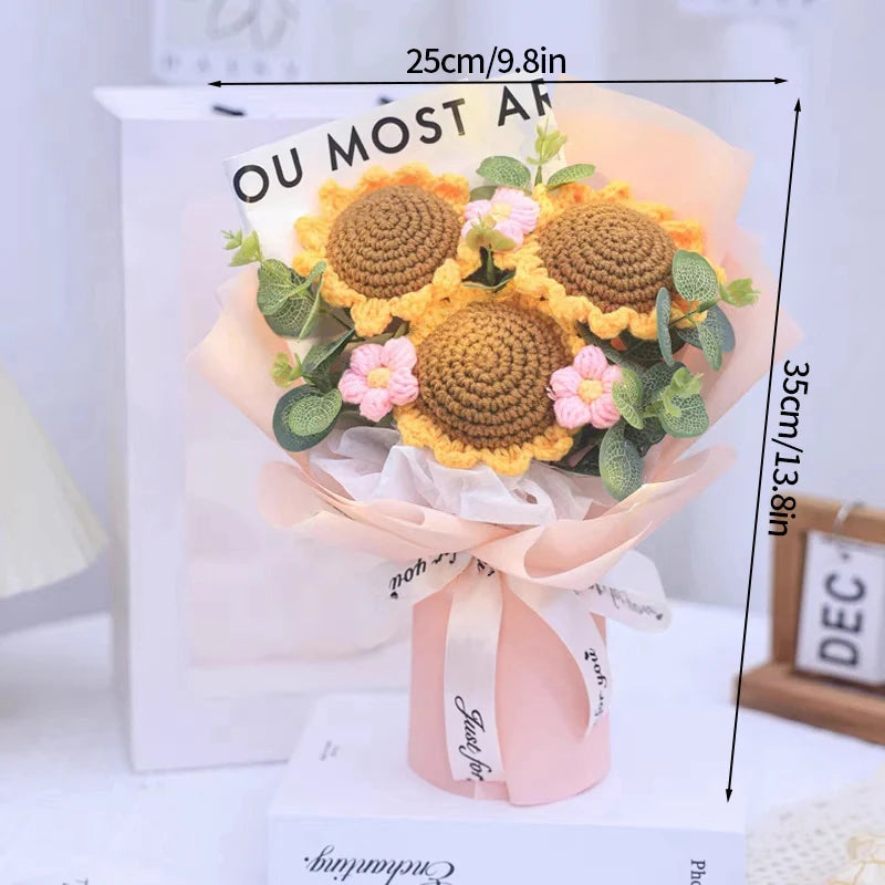 Finished Crochet Flowers Bouquet Handmade Sunflower Bouquet Teachers' Day Graduation Gift Wedding Decor Knitted Flower Bouquet
