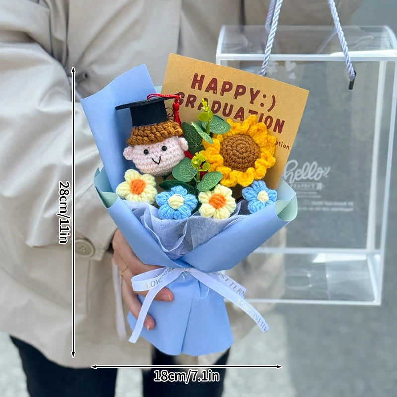 Finished Crochet Flowers Bouquet Handmade Sunflower Bouquet Teachers' Day Graduation Gift Wedding Decor Knitted Flower Bouquet