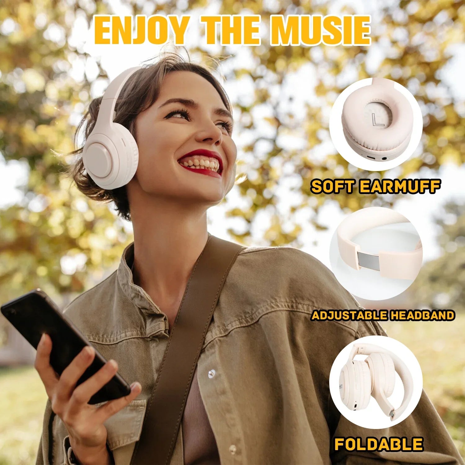 Noise Cancelling Headphones, Wireless Bluetooth Headphones, over Ear Headphones with Microphone, Khaki