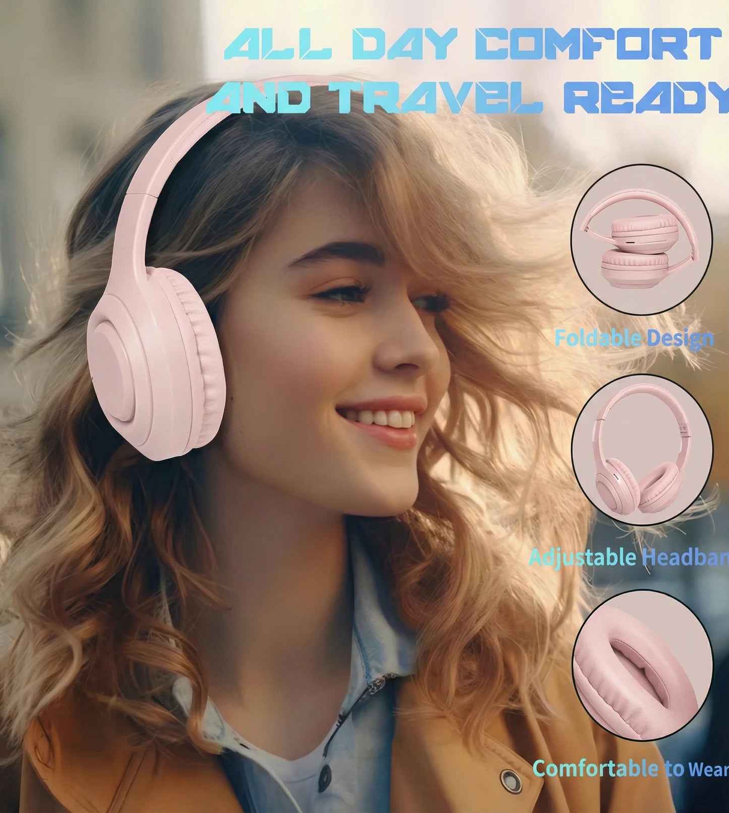 Noise Cancelling Headphones, Wireless Bluetooth Headphones, over Ear Headphones with Microphone, Pink