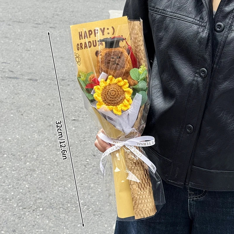 Finished Crochet Flowers Bouquet Handmade Sunflower Bouquet Teachers' Day Graduation Gift Wedding Decor Knitted Flower Bouquet
