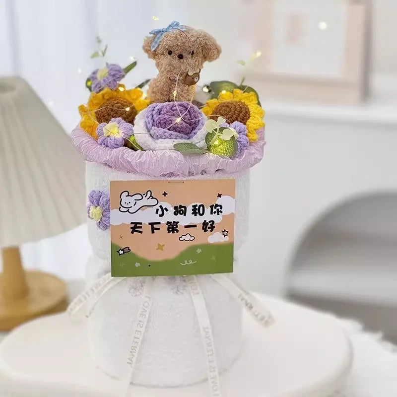 Finished Crochet Flowers Bouquet Handmade Sunflower Bouquet Teachers' Day Graduation Gift Wedding Decor Knitted Flower Bouquet