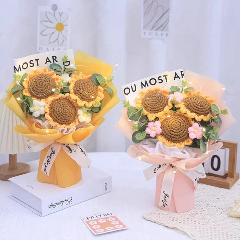 Finished Crochet Flowers Bouquet Handmade Sunflower Bouquet Teachers' Day Graduation Gift Wedding Decor Knitted Flower Bouquet