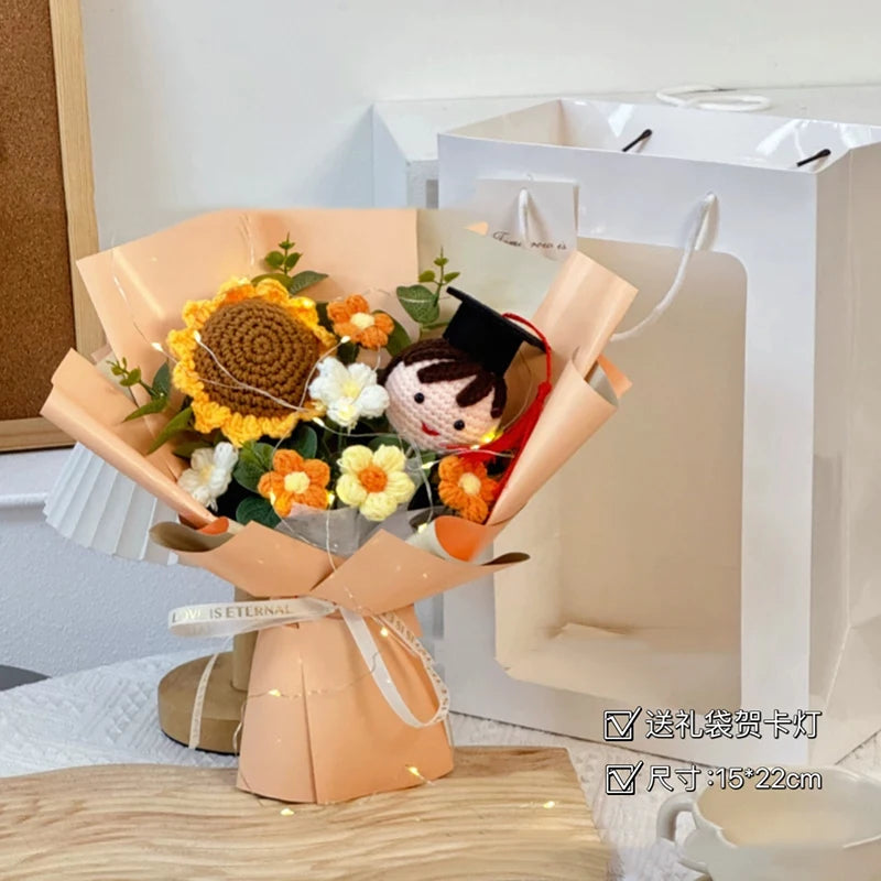 Finished Crochet Flowers Bouquet Handmade Sunflower Bouquet Teachers' Day Graduation Gift Wedding Decor Knitted Flower Bouquet