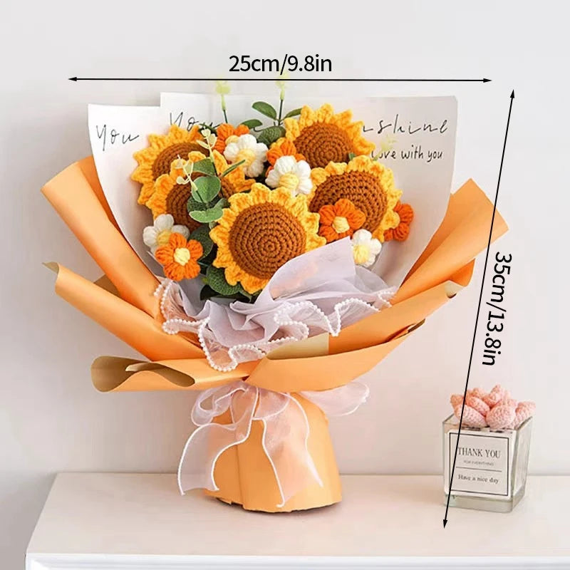 Finished Crochet Flowers Bouquet Handmade Sunflower Bouquet Teachers' Day Graduation Gift Wedding Decor Knitted Flower Bouquet