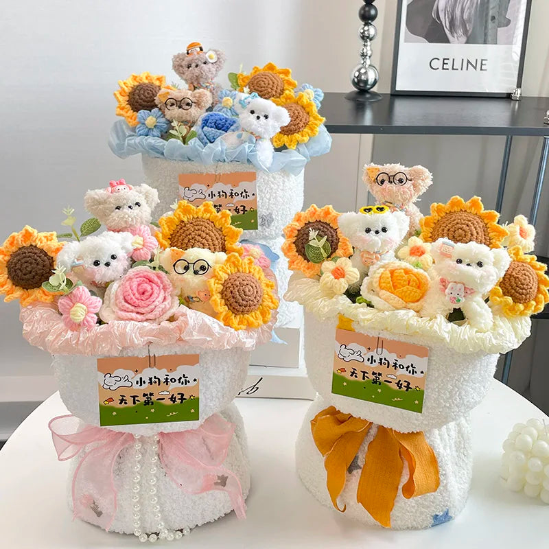 Finished Crochet Flowers Bouquet Handmade Sunflower Bouquet Teachers' Day Graduation Gift Wedding Decor Knitted Flower Bouquet