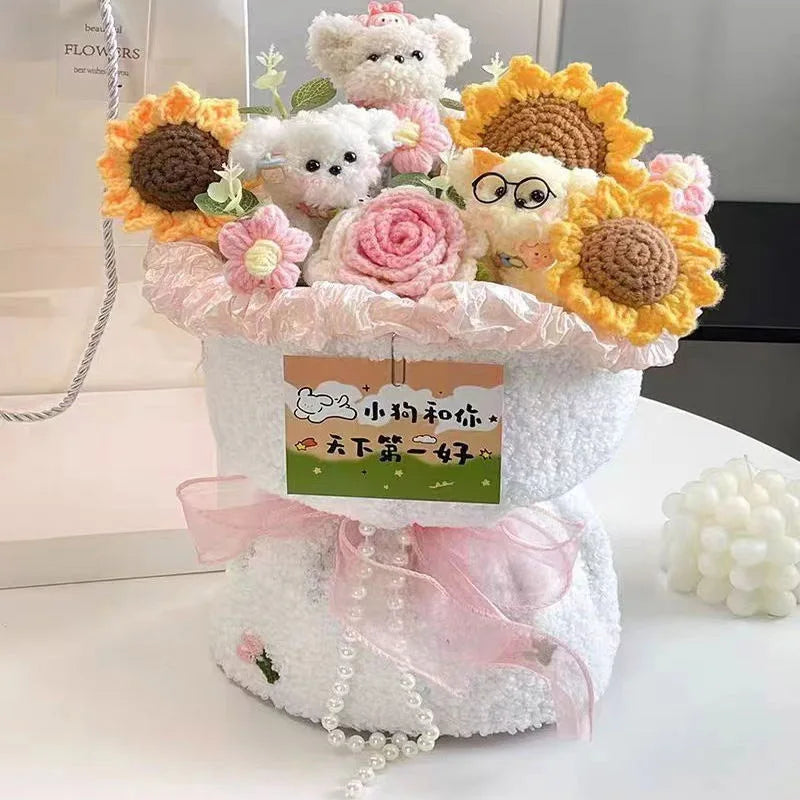 Finished Crochet Flowers Bouquet Handmade Sunflower Bouquet Teachers' Day Graduation Gift Wedding Decor Knitted Flower Bouquet