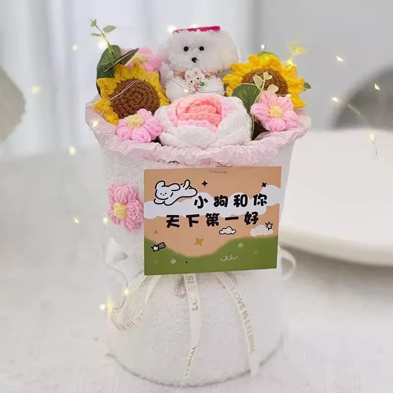 Finished Crochet Flowers Bouquet Handmade Sunflower Bouquet Teachers' Day Graduation Gift Wedding Decor Knitted Flower Bouquet