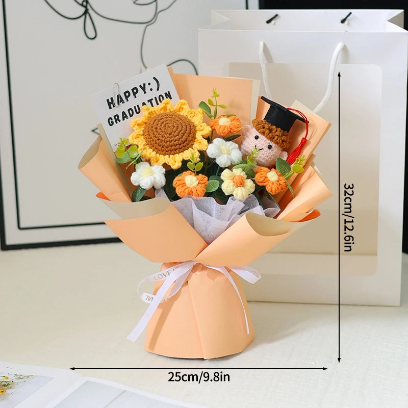 Finished Crochet Flowers Bouquet Handmade Sunflower Bouquet Teachers' Day Graduation Gift Wedding Decor Knitted Flower Bouquet