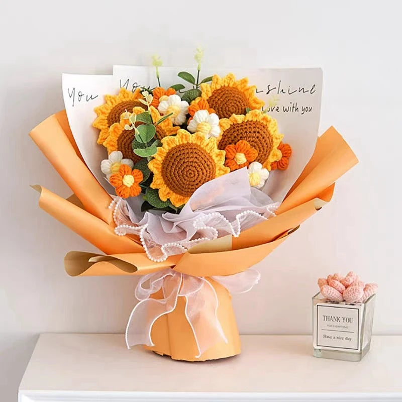 Finished Crochet Flowers Bouquet Handmade Sunflower Bouquet Teachers' Day Graduation Gift Wedding Decor Knitted Flower Bouquet