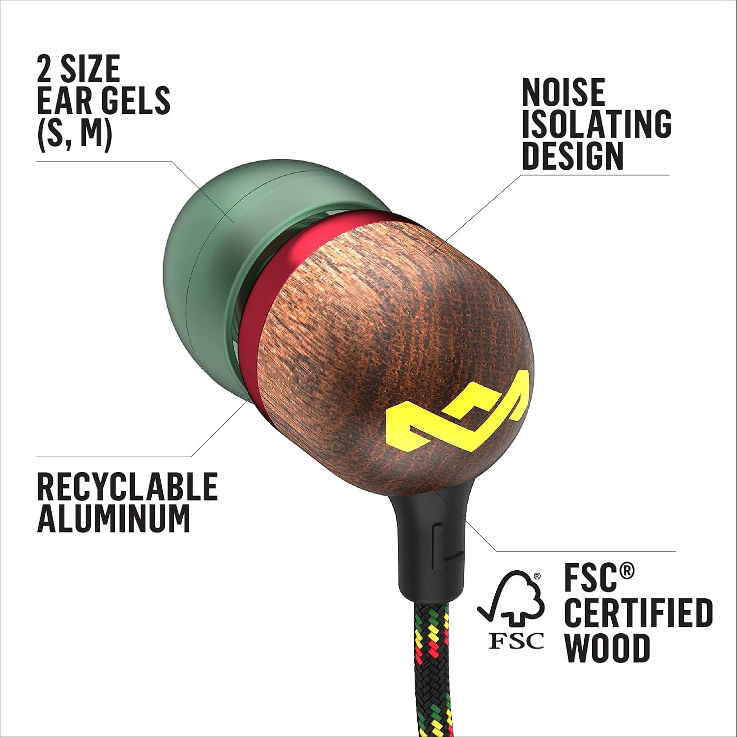 Smile Jamaica AUX Wired Earbuds with Microphone, Noise-Isolating In-Ear Headphones, Tangle-Resistant Cable, 3.5Mm Jack Sustainable (Rasta)