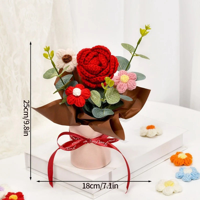 Finished Crochet Flowers Bouquet Handmade Sunflower Bouquet Teachers' Day Graduation Gift Wedding Decor Knitted Flower Bouquet