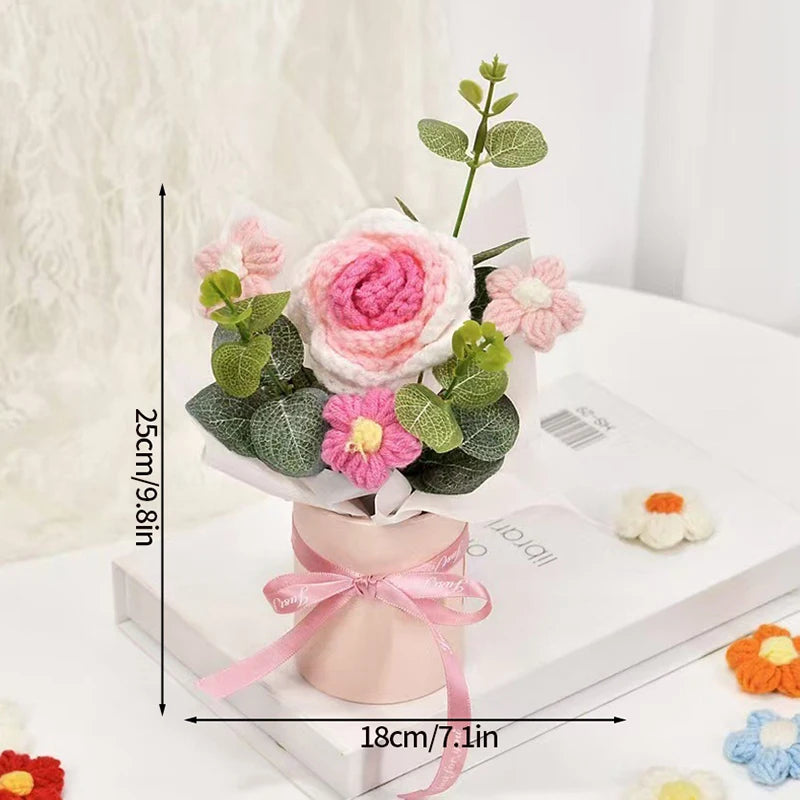 Finished Crochet Flowers Bouquet Handmade Sunflower Bouquet Teachers' Day Graduation Gift Wedding Decor Knitted Flower Bouquet
