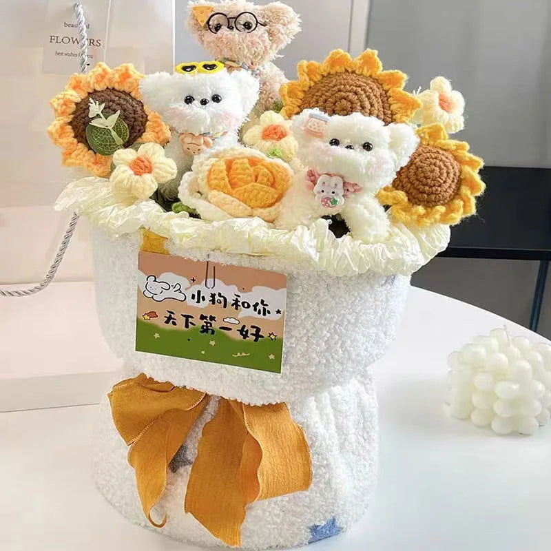 Finished Crochet Flowers Bouquet Handmade Sunflower Bouquet Teachers' Day Graduation Gift Wedding Decor Knitted Flower Bouquet