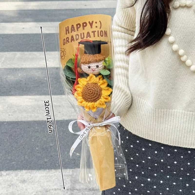 Finished Crochet Flowers Bouquet Handmade Sunflower Bouquet Teachers' Day Graduation Gift Wedding Decor Knitted Flower Bouquet