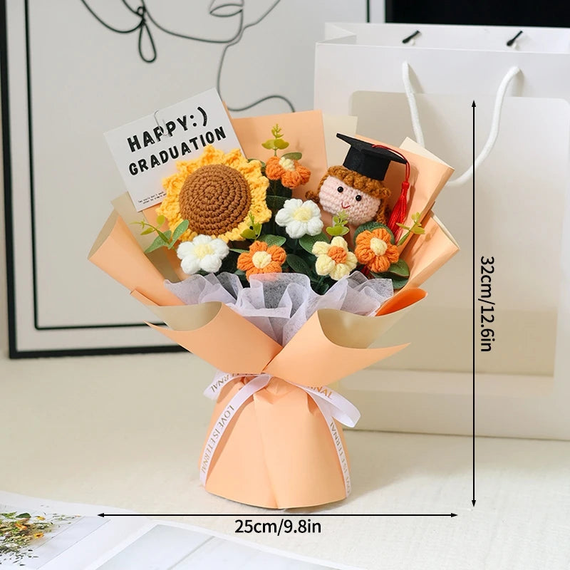 Finished Crochet Flowers Bouquet Handmade Sunflower Bouquet Teachers' Day Graduation Gift Wedding Decor Knitted Flower Bouquet