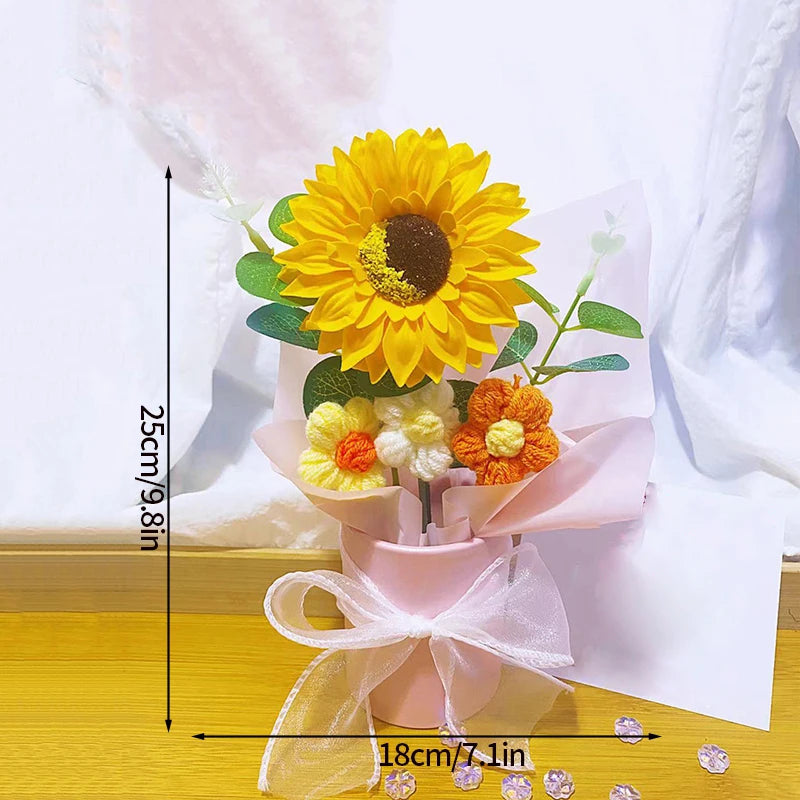 Finished Crochet Flowers Bouquet Handmade Sunflower Bouquet Teachers' Day Graduation Gift Wedding Decor Knitted Flower Bouquet