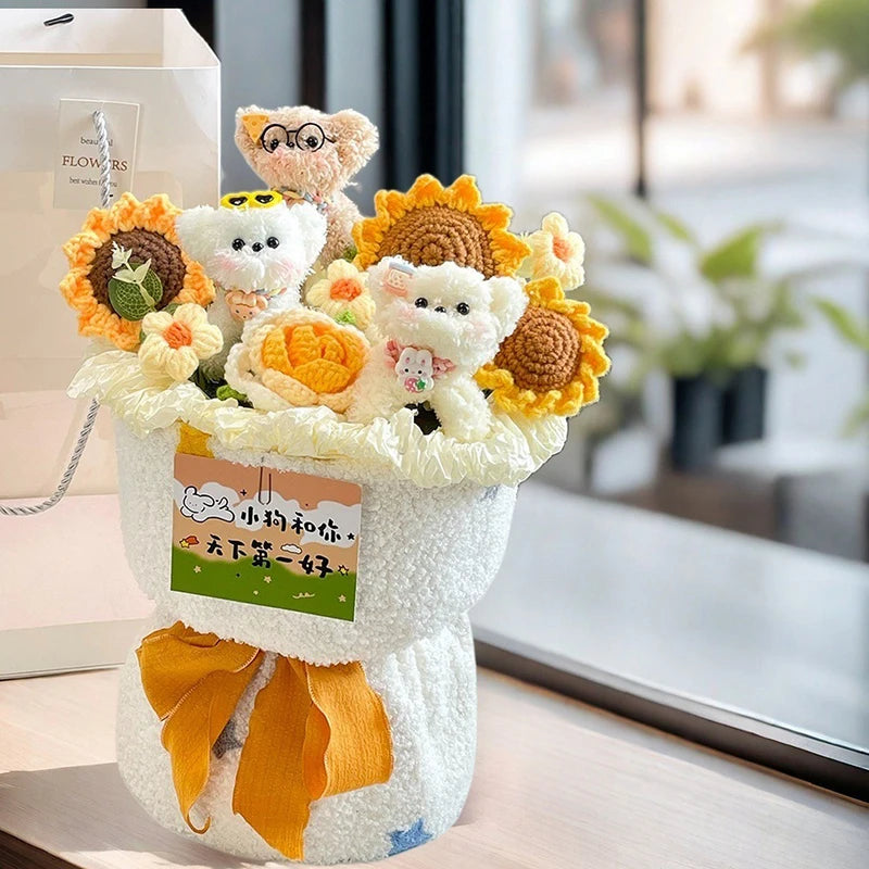 Finished Crochet Flowers Bouquet Handmade Sunflower Bouquet Teachers' Day Graduation Gift Wedding Decor Knitted Flower Bouquet