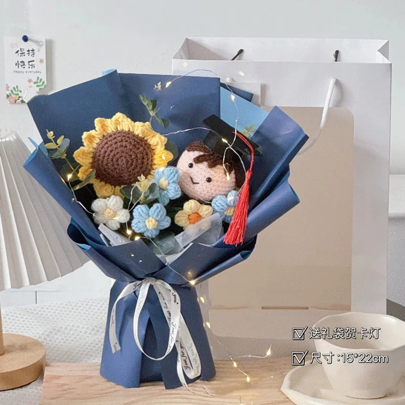 Finished Crochet Flowers Bouquet Handmade Sunflower Bouquet Teachers' Day Graduation Gift Wedding Decor Knitted Flower Bouquet